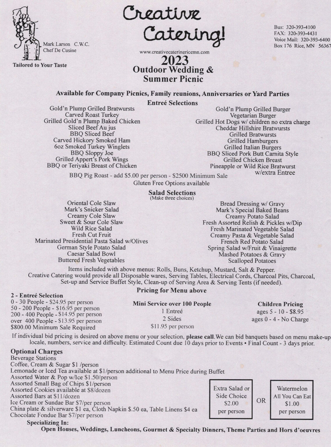 Menus Creative Catering